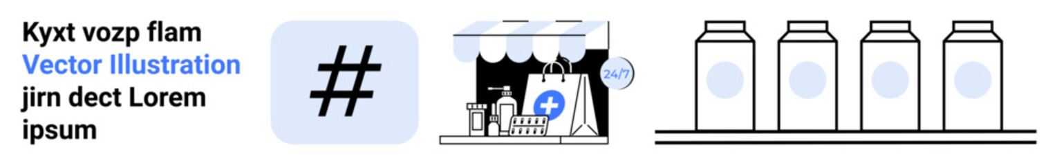 metadata tag symbol, online shop with pharmacy products and storefront, four bottles on assembly line. Ideal for technology, ecommerce, social media, automation, pharmacy, production simple landing
