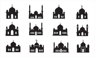 Colorful Mosque silhouette vector icon set illustration on white background.	