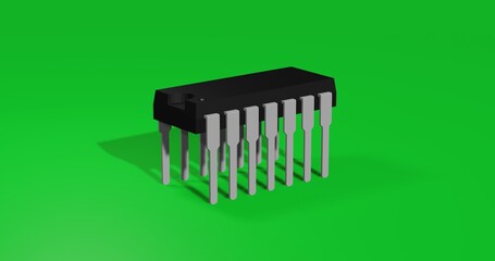 Isolated realistic black integrated circuit symbol front view with shadow. 3d illustration on green chroma key background