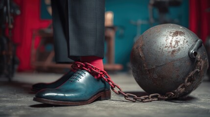 Foot shackled to heavy metal ball. Symbolic burden setting.
