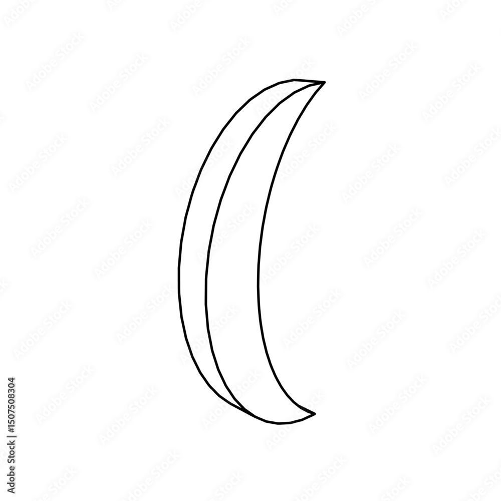 Poster the outline of a large crescent symbol is made with black lines. 3d view of the object in perspectiv