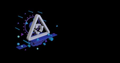 White roundabout sign on a pedestal of abstract geometric shapes floating in the air. Abstract concept art with flying shapes on the left. 3d illustration on black background