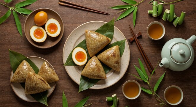 Traditional Zongzi Rice Dumplings with Tea Flat Lay