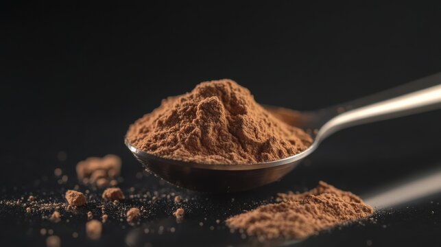 Chocolate Protein Powder in a Measuring Spoon on Black Background
