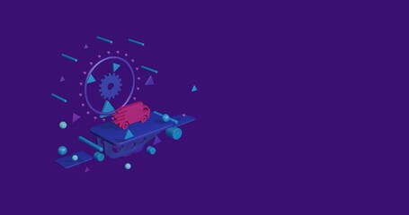 Pink delivery symbol on a pedestal of abstract geometric shapes floating in the air. Abstract concept art with flying shapes on the left. 3d illustration on deep purple background