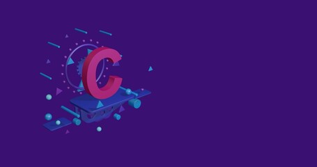 Pink capital letter C symbol on a pedestal of abstract geometric shapes floating in the air. Abstract concept art with flying shapes on the left. 3d illustration on deep purple background