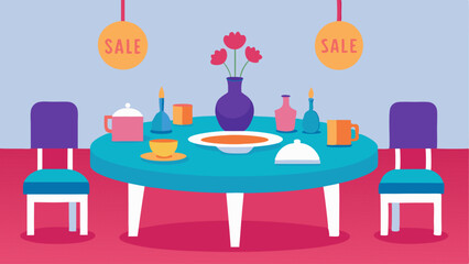 Dining Table Setup A chic dining table set with colorful dinnerware and centerpieces featuring a large SALE sign floating above that catches the eye.