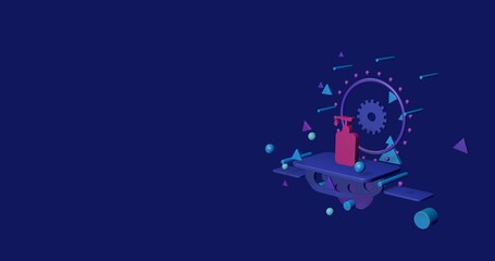 Pink liquid soap symbol on a pedestal of abstract geometric shapes floating in the air. Abstract concept art with flying shapes on the right. 3d illustration on indigo background