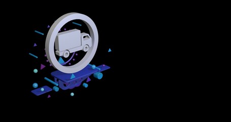 White truck traffic sign on a pedestal of abstract geometric shapes floating in the air. Abstract concept art with flying shapes on the left. 3d illustration on black background