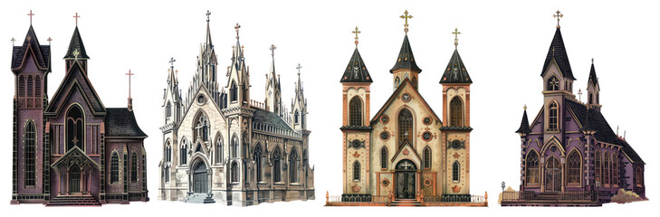 Fototapeta premium PNG Gothic architecture church designs, element set on transparent background