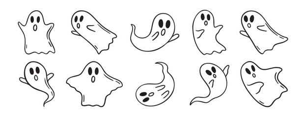 Cartoon haunted ghost Halloween doodle hand drawn icon set. Outline drawing cute ghost characters.