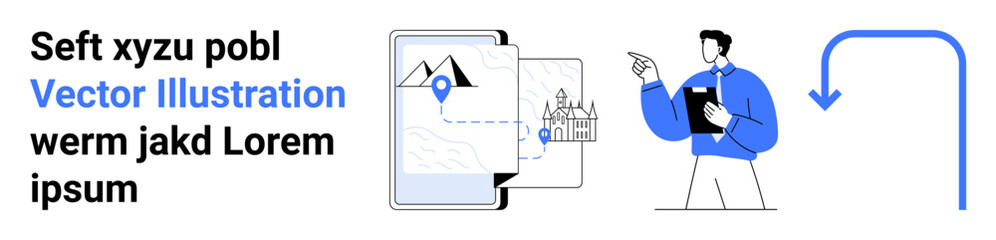 Man pointing at tablet highlighting travel planning with map pins, images, and landmarks. Ideal for tourism, navigation, mapping, travel apps, presentations, education simple landing page