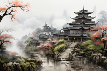Obraz premium Traditional Chinese Temple with Autumn Maple Trees and Stone Bridge, Misty Mountain Landscape