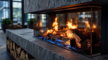 Fototapeta premium Luxury glass fireplace with vivid flames and blue embers as centerpiece of modern interior with natural stone and wood accents