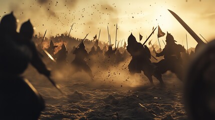 Medieval warriors engaged in dusty battlefield combat