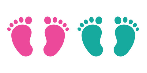 Baby footprint in the heart.Vector stock illustration for poster. Symbol of pregnancy or childbirth.White baby footprints in black heart.Baby footprints inside of  heart. Pink and Blue Baby Footprint.