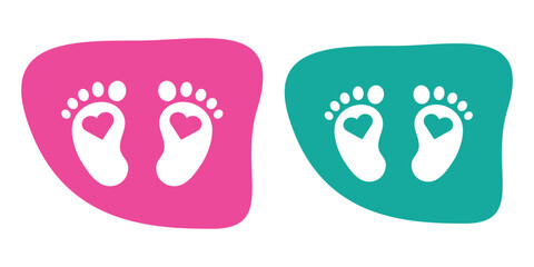 Baby footprint in the heart.Vector stock illustration for poster. Symbol of pregnancy or childbirth.White baby footprints in black heart.Baby footprints inside of  heart. Pink and Blue Baby Footprint.