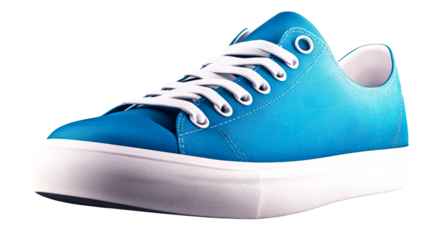 Vivid blue sneaker footwear with laces, single shoe, cut out transparent