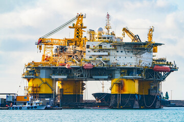 Offshore Oil Platform Docked in Port. Industrial Maritime Infrastructure