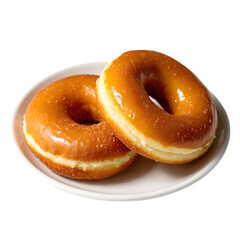Two glazed donuts on a plate isolated on transparent background