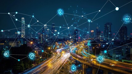 Smart City Network: Interconnected Urban Landscape at Night
