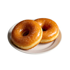 Two glazed donuts on a plate isolated on transparent background