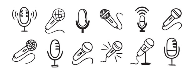 microphone icon doodle hand drawn set. Outline drawing microphone line clipart symbol collection