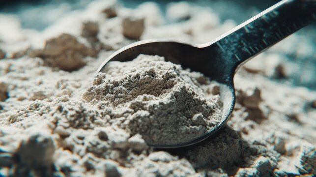 Measuring spoon resting on protein powder heap