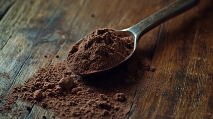 Scoop of Chocolate Protein Powder on Rustic Wooden Background