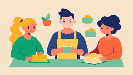 DIY Workshop A small group of individuals in a workshop learning to make reusable beeswax wraps featuring playful colors and patterns.