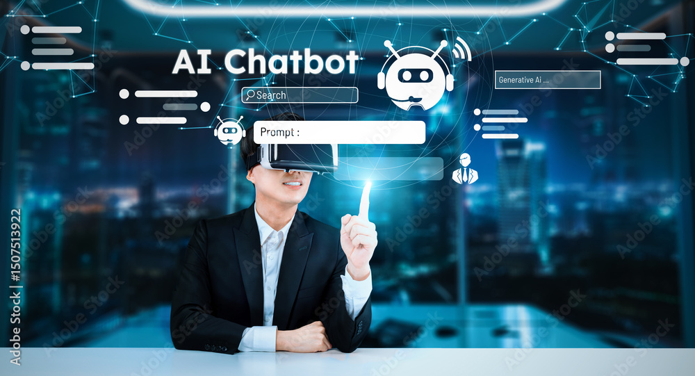 Poster business man with goggles working while using ai technology. project manager with formal suit checki