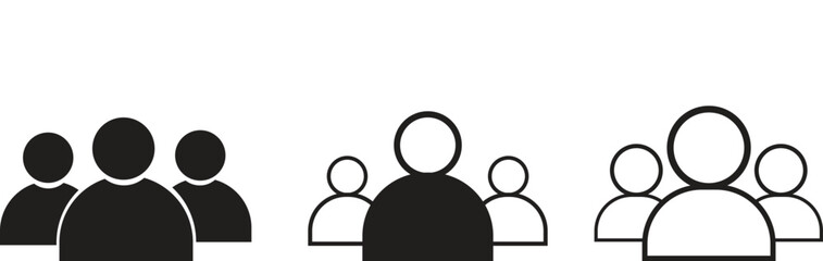 Set of three black and white people group icons. Variations include solid fill, mixed, and outline styles. Minimalist team, user, or community symbols for web/app interface. AI Generative

