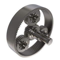 A precise 3D render of a planetary gear system, showcasing intricate metallic gears. Ideal for engineering, industrial, and mechanical design projects.