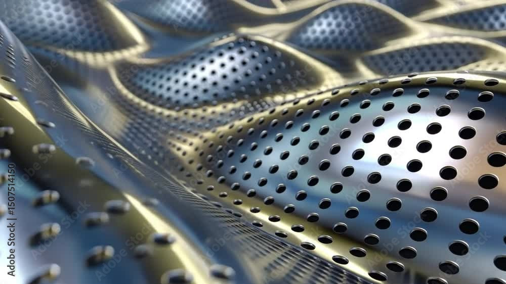 Poster close up view of metallic surface showcasing wave like pattern with perforations, creating striking 