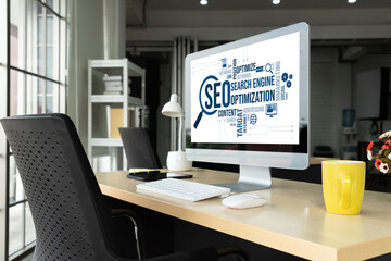 SEO search engine optimization for modish e-commerce and online retail business showing on computer...