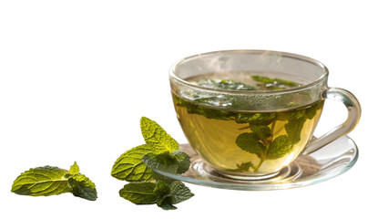 A warm, inviting close-up of a glass cup filled with freshly brewed pudina (mint) tea.