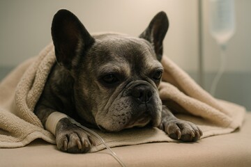 French Bulldog at Vet Clinic for Urgent Canine Health Care and Recovery