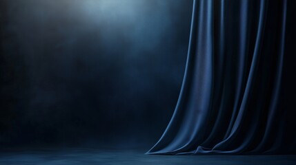 Dark stage with dramatic blue curtain and spotlight