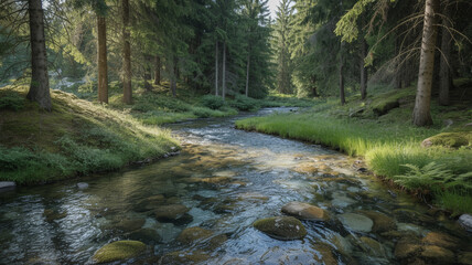 Serene forest stream flowing through a lush green landscape with sunlight filtering through
