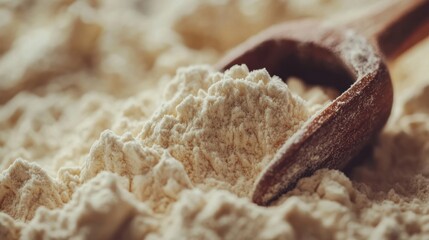 Heap of Vanilla Protein Powder with Wooden Spoon