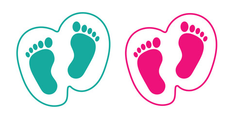 Baby footprint in the heart.Vector stock illustration for poster. Symbol of pregnancy or childbirth.White baby footprints in black heart.Baby footprints inside of  heart. Pink and Blue Baby Footprint.