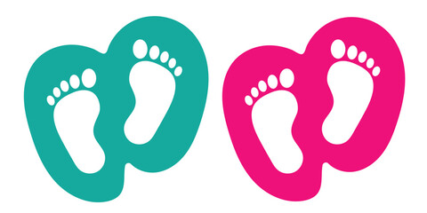 Baby footprint in the heart.Vector stock illustration for poster. Symbol of pregnancy or childbirth.White baby footprints in black heart.Baby footprints inside of  heart. Pink and Blue Baby Footprint.