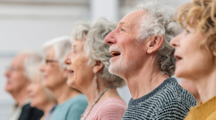 Seniors enjoying a joyful singing activity in a community center during afternoon gathering