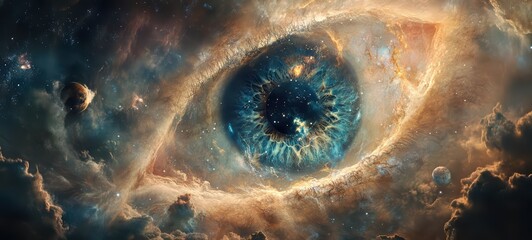 A cosmic landscape where a colossal eye watches over the universe