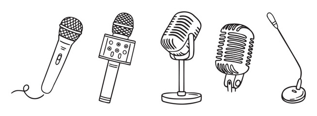 podcasting microphone recording mic doodle hand drawn icon set. Outline drawing microphone line clipart symbol
