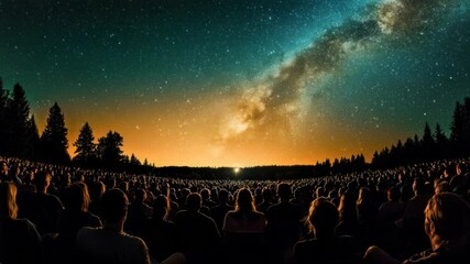 Large crowd watches the magnificent night sky with the Milky Way in the background