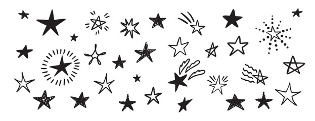 Funny stars doodle hand drawn icon set. Outline drawing stars line clipart symbol collection