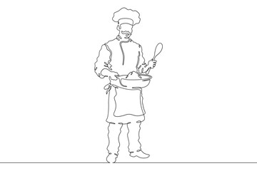 Continuous one line drawing  Male chef in a hat. Chef in the kitchen. The cook is cooking.One continuous line isolated minimal illustration.Not AI.