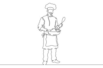 Continuous one line drawing  Male chef in a hat. Chef in the kitchen. The cook is cooking.One continuous line isolated minimal illustration.Not AI.