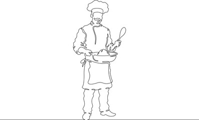Continuous one line drawing  Male chef in a hat. Chef in the kitchen. The cook is cooking.One continuous line isolated minimal illustration.Not AI.